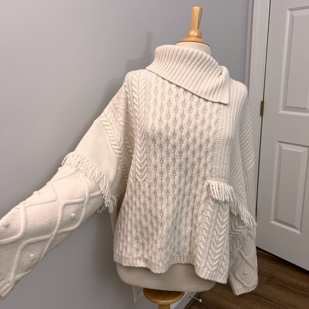 Weekend Max Mara Faiti Fringe Turtleneck Sweater Ivory Wool Oversized Sz XL
